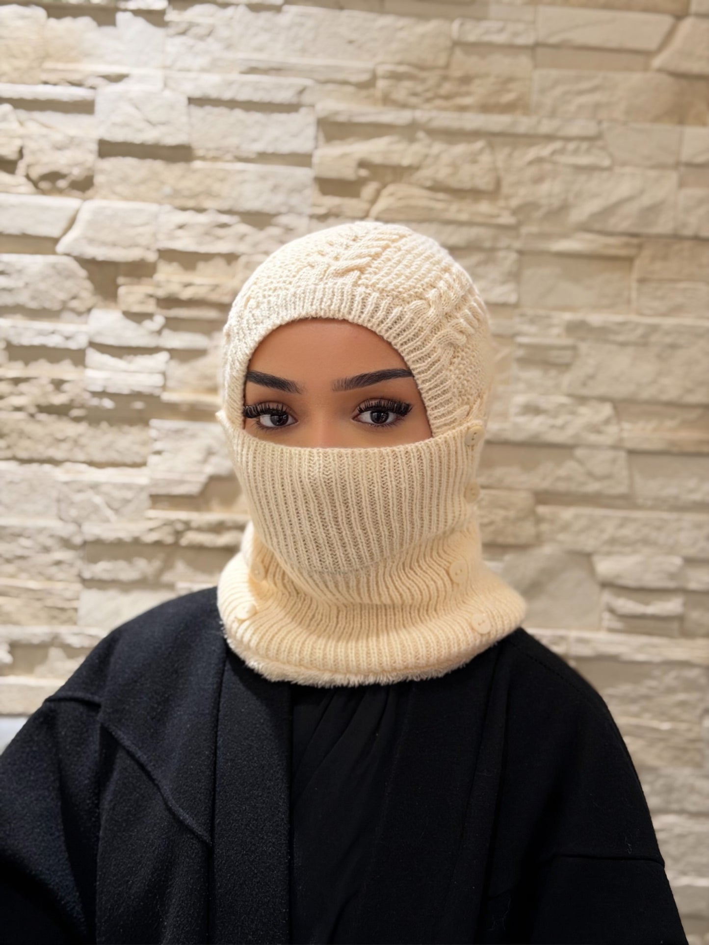 Krem Tek Parça Örgü Şapka & Boyunluk