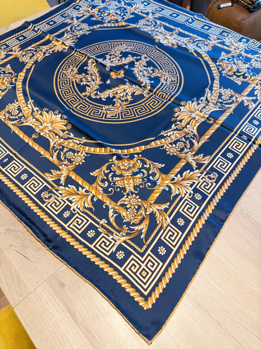 %100 İpek Kare Eşarp – Lacivert Gold Klasik Desen