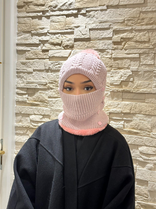 Pembe Tek Parça Örgü Şapka & Boyunluk