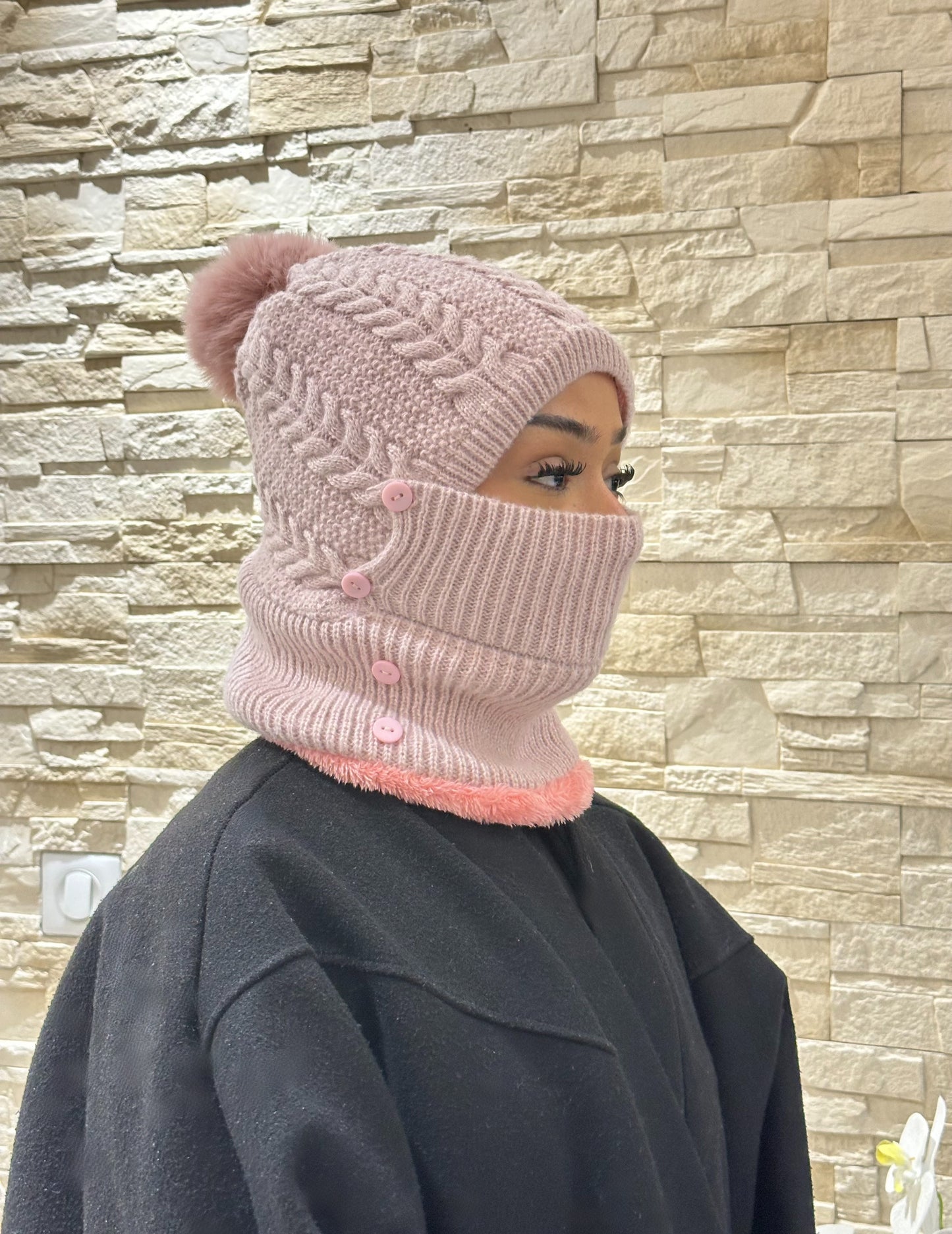 Pembe Tek Parça Örgü Şapka & Boyunluk